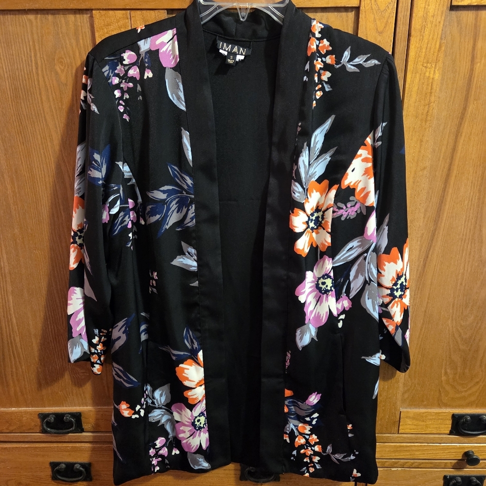 IMAN Black Women's Floral Kimono Three Quarter Sleeve Open Front Size Small